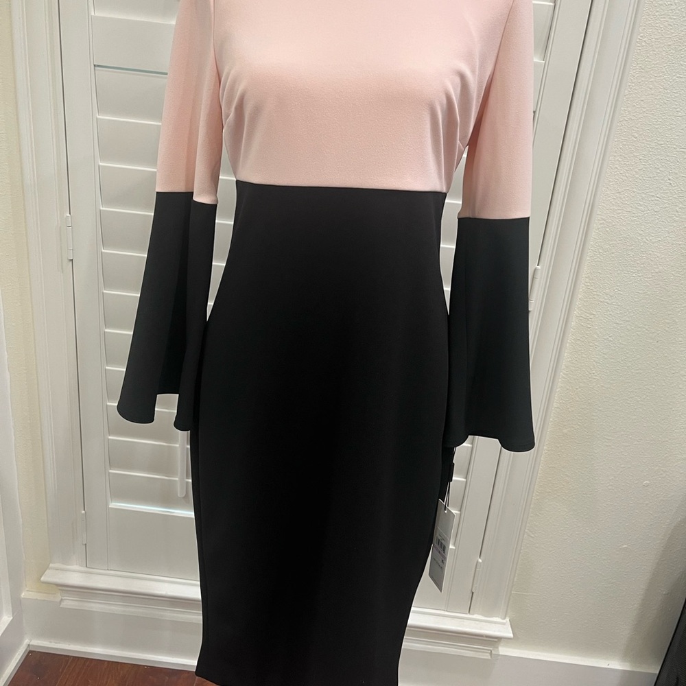 “Chic Color-Block Bell Sleeve Dress - Pink & Black. Size 6.  NWT